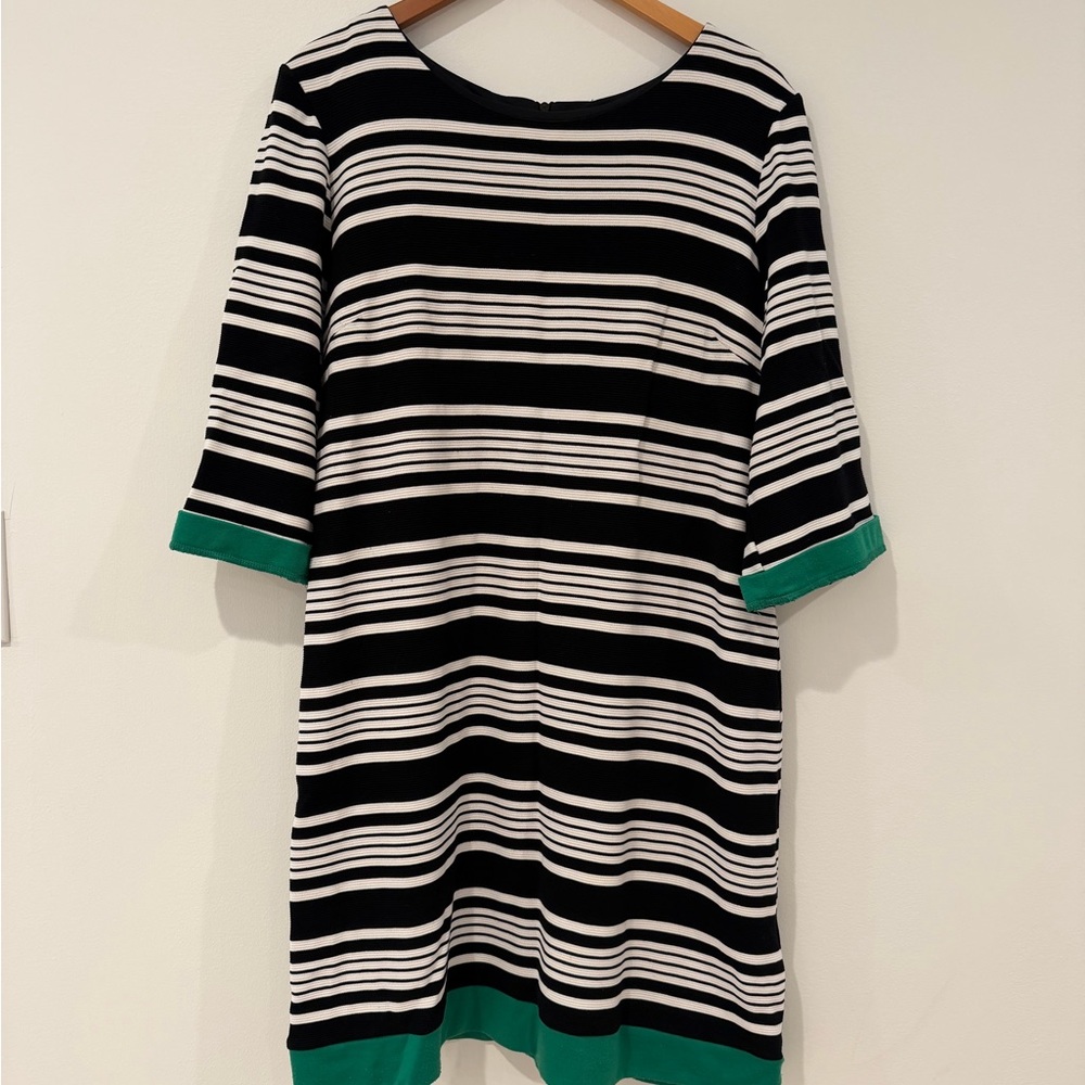 Black and White Striped Dress with Green Trim